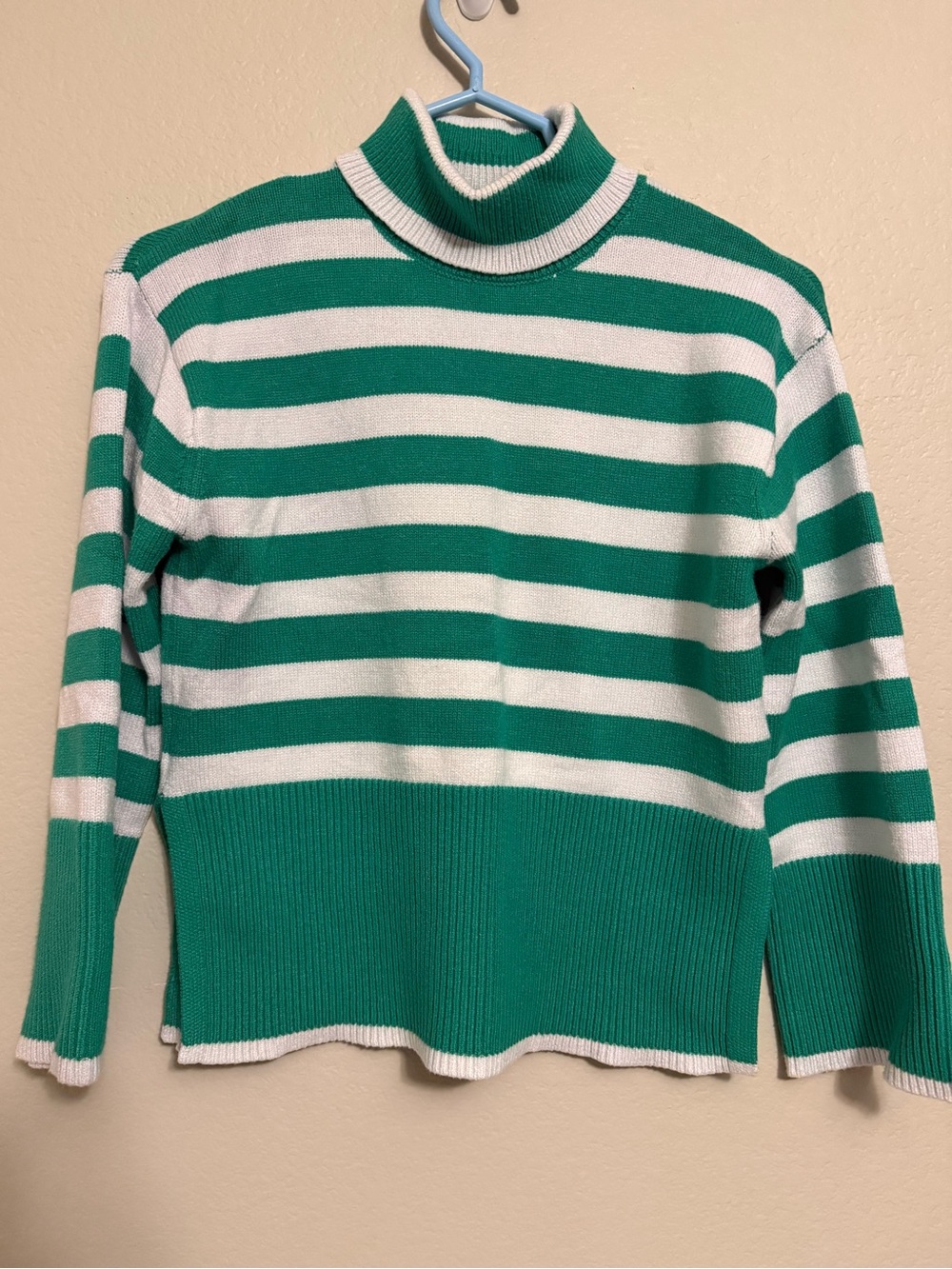 Source Unknown Green and White Striped Turtleneck Sweater
